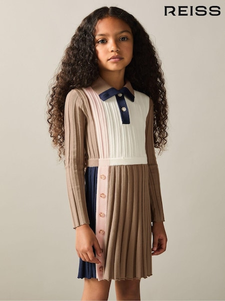 Reiss Camel Kleo 9-13 yrs Ribbed Colourblock Funnel Neck Dress (E93698) | kr1 484