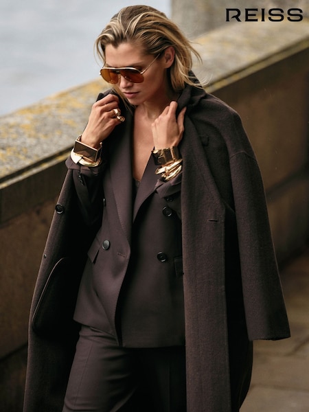 Reiss Chocolate Lara Wool Blend Herringbone-Twill Coat (E93700) | €505
