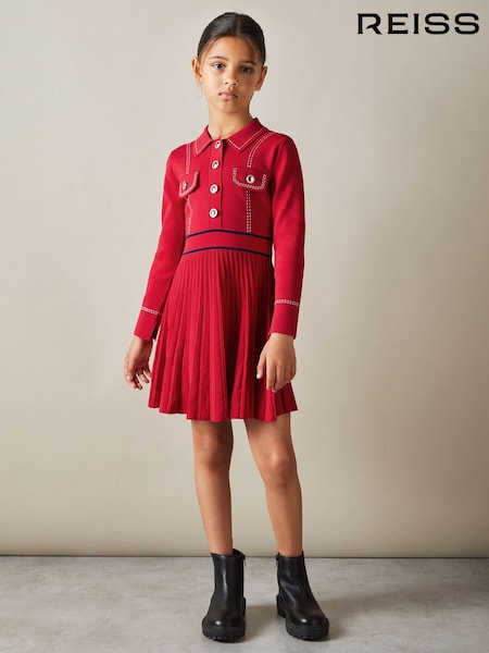 rdeča - Reiss Sapna Knitted Contrast Stitch Dress (E93712) | € 100