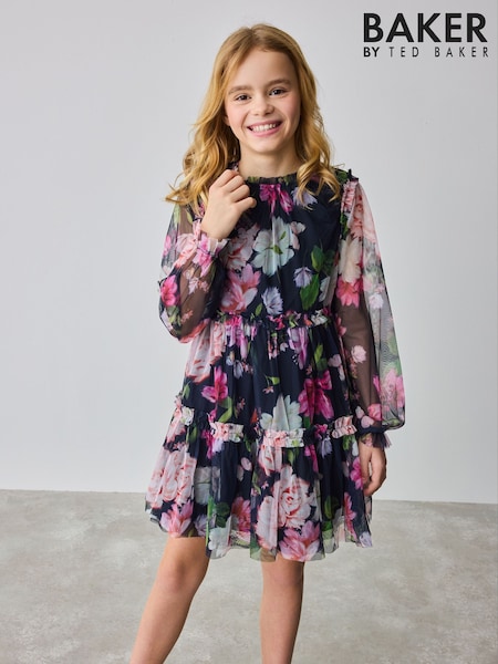 Baker by Ted Baker Navy Floral Bow Shoulder Tiered Mesh Dress (E93729) | 234 LEI - 260 LEI