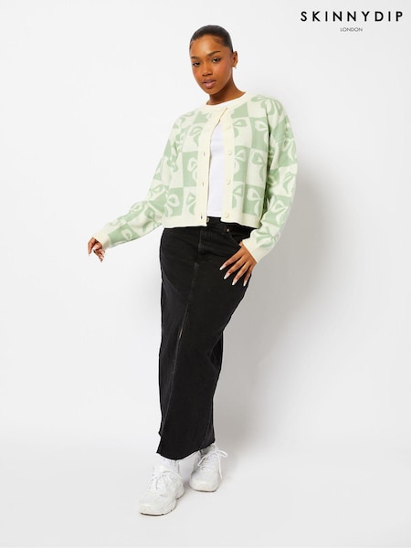 Sage Check Bow Knitted Cardigan (E93738) | $61