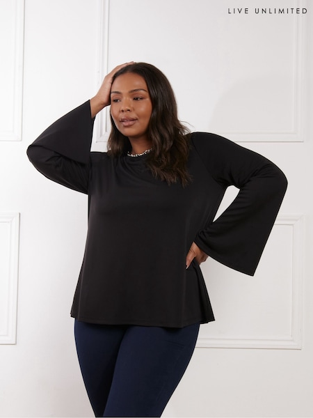 Live Unlimited Curve Jersey Flared Sleeve Black Top (E93760) | 287 LEI
