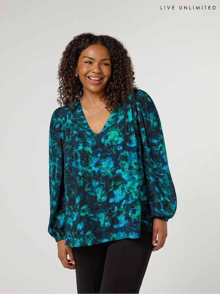 Live Unlimited Green Curve Multi Abstract Print V-Neck Pleat Front Blouse (E93776) | €53
