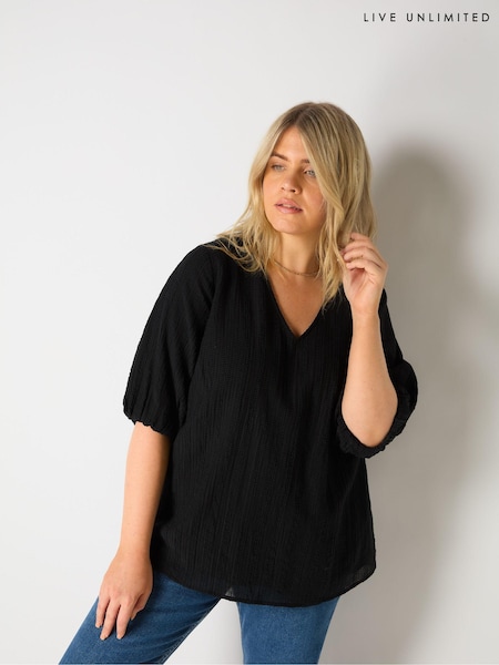 Live Unlimited Curve Textured Puff Sleeve Black Top (E93778) | €41.50