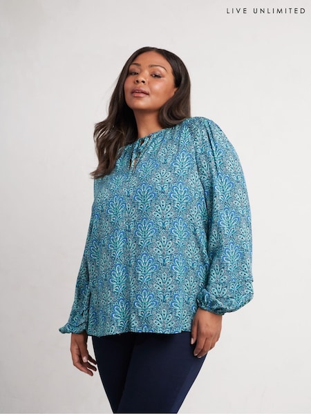 Live Unlimited Curve Blue Paisley Shirred Detail Blouse (E93790) | €51