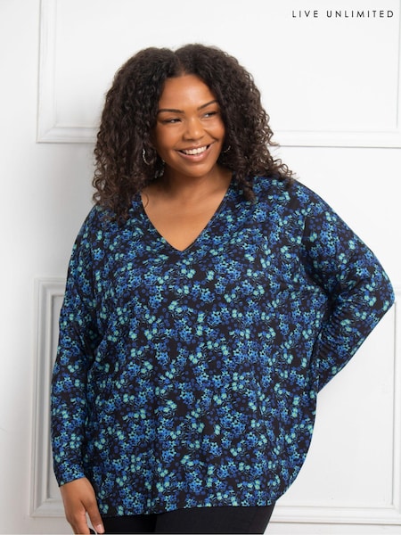 Live Unlimited Live Unlimited Curve Ditsy Jersey Long Sleeve Black/Blue Top (E93791) | 188 LEI