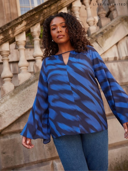 Live Unlimited Curve Blue & Black Printed Keyhole Blouse (E93795) | €43.50