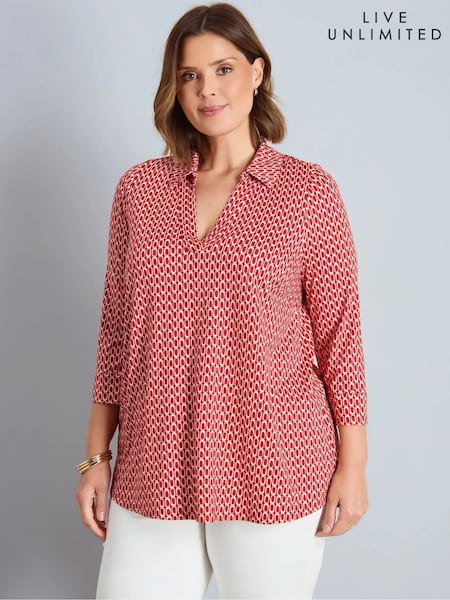 Sarkans - Live Unlimited Geo Print 3/4 Sleeve Collared V-neck Jersey Top