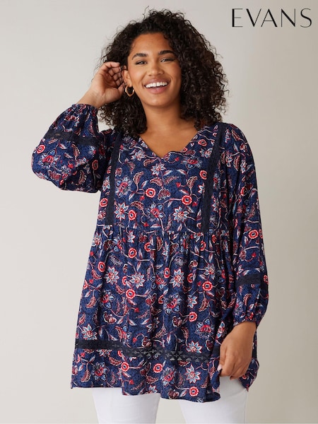 Evans Blue & Red Curve Crochet Trim Top (E93913) | ₪196