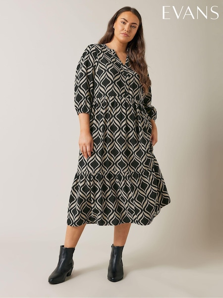 Evans Natural Geometric Print 1/2 Placket Dress (E93950) | €31