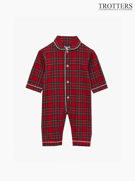 Trotters London Red Little Cosy 100% Cotton Tartan All-In-One (E93955) | AED203
