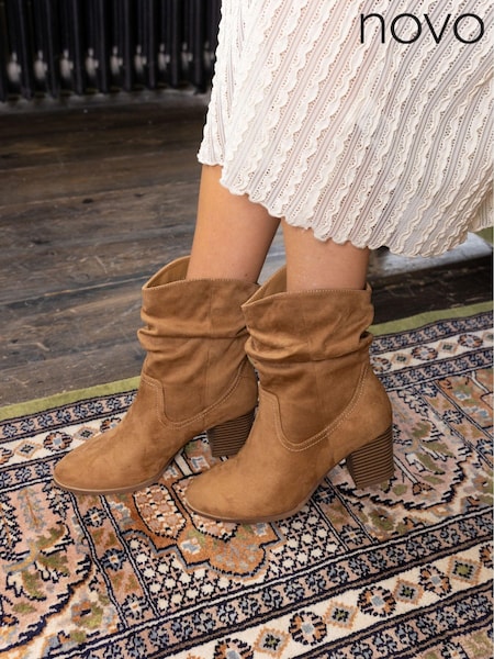 חום - Novo Sheryl Slouch Block Heel Boots (E94038) | ‏221‏₪