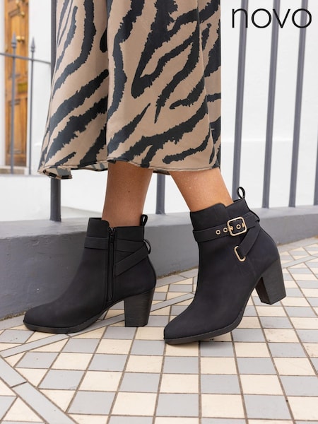 Novo Black Wide Fit Jayda Buckle Detail Heeled Boots (E94154) | 208 QAR