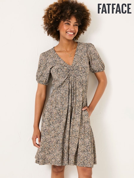 FatFace Nell Black Leaf Short Sleeve V-Neck Midi Dress (E94187) | ₪249