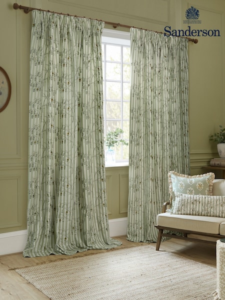Sanderson Sage Chinese Lanterns Embroidered Floral Striped Pencil Pleat Curtains (E94196) | €156 - €409