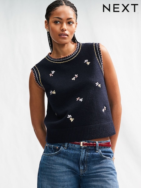 Blue Navy Embroidered Floral Print Sleeveless Knitted Tank (E94205) | €17