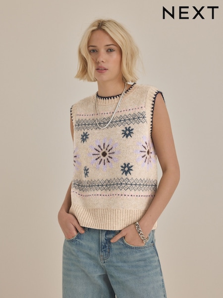 Neutral Jacquard Floral Print Sleeveless Knitted Tank (E94206) | €14.50