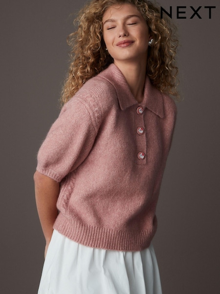 Pink Blush Soft Touch Short Sleeve Knitted Polo Jumper with Wool (E94213) | €29