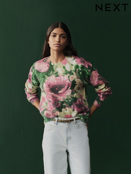 Pink Floral Printed Crew Neck Jumper (E94214) | €40