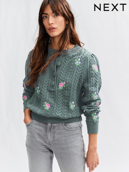 Green Dark Sage Floral Embroidered Henley Knitted Jumper With Cotton (E94215) | €32