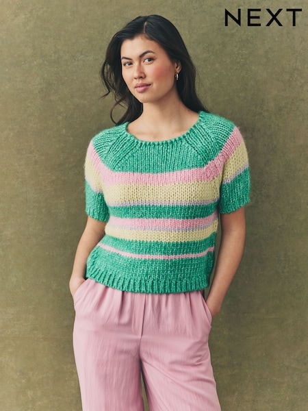 Green Stripe Striped Chunky Short Sleeve Knitted Top (E94218) | kr459