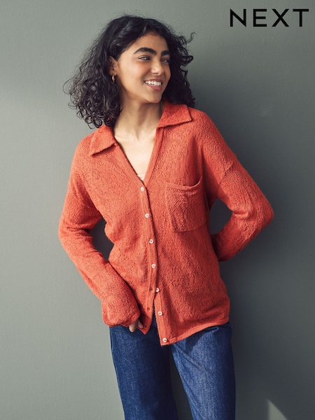 Orange Button Up Open Stitch Collared Knitted Shirt Jumper (E94220) | €31