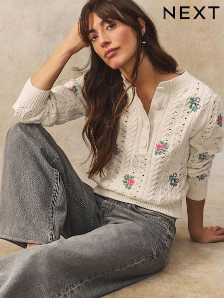 White/Ecru Floral Embroidered Henley Knitted Jumper With Cotton (E94226) | $47