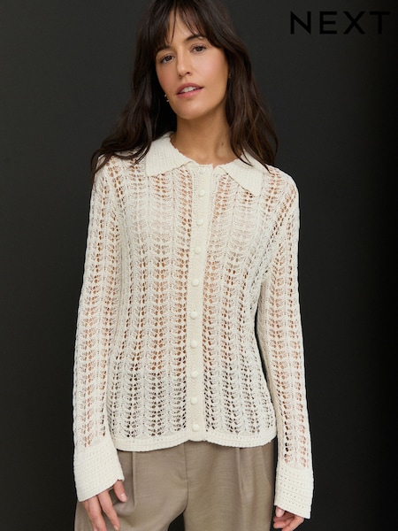 White Ecru Stitch Long Sleeve Button Up Top (E94229) | €51