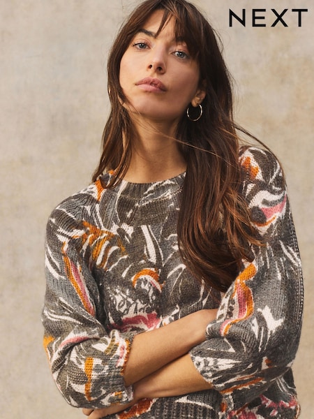 Green Printed Palm Tree Half Sleeve Crew Neck Jumper with Wool (E94231) | €46