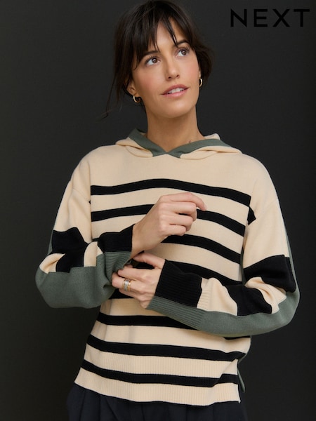 Neutral Black Stripe - Cosy Soft Touch Knitted Jumper Hoodie (E94243) | ‏117‏₪