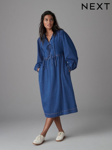 Mid Blue Tie Front Denim Midi Smock 100% Cotton Dress (E94254) | €29.50