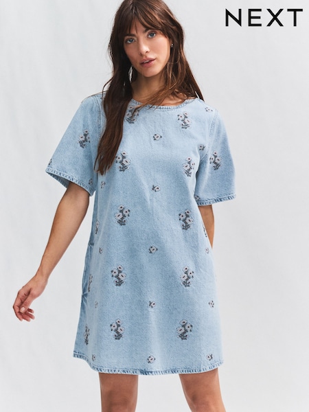 Bleach Floral Embroidered 100% Cotton Short Sleeve Denim T-Shirt Dress (E94258) | €42
