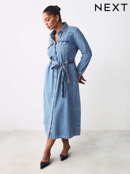 Mid Blue Fuller Bust Western Midi Denim Shirt Dress (E94259) | $122