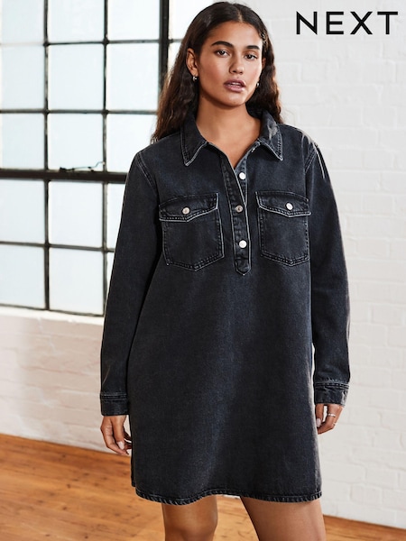 שחור - Half Placket Denim 100% Cotton Mini Dress (E94261) | ‏127‏₪