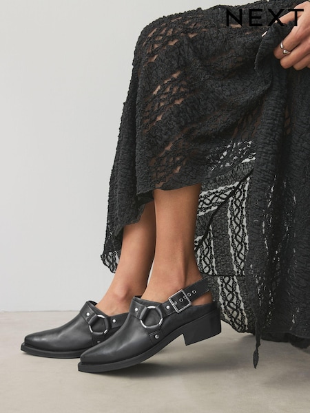 Black Standard Fit Forever Comfort® Leather Point Toe Hardware Western Cowboy Slingback Shoes (E94264) | €34