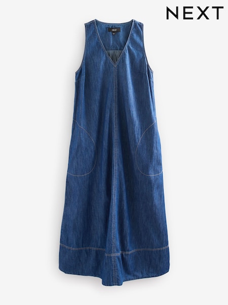 כחול כהה - V-neck Denim 100% Cotton Maxi Dress (E94265) | ‏150‏₪