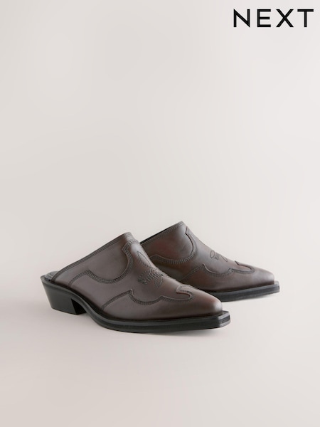 Brown Forever Comfort® Leather Point Toe Western Cowboy Mules (E94271) | AED126