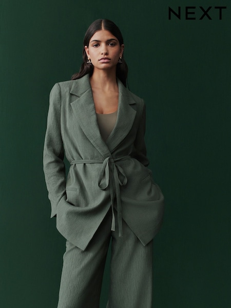 Green Textured Crinkled Tie Waist Relaxed Blazer (E94281) | $100
