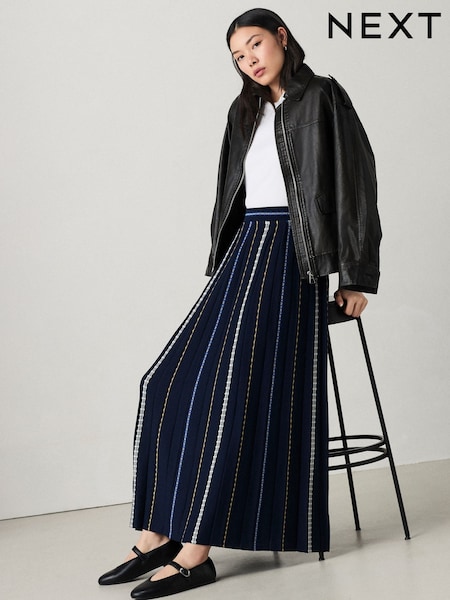 Blue Navy Embroidered Detail Pleated Knitted Midi Skirt (E94354) | AED189