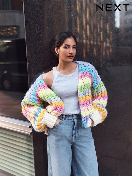 Več svetlih odtenkov - Oversized Hand Knitted Stripe Cardigan (E94368) | € 56