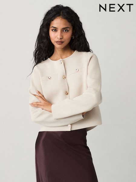 Cream Crew Neck Knitted Smart Jacket (E94372) | $65
