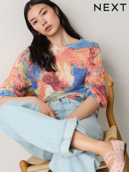 Orange Abstract Printed Crew Neck Fine Knitted Jumper (E94374) | 1,413 UAH