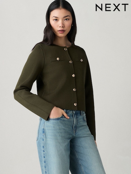Green Khaki Crew Neck Knitted Smart Jacket (E94377) | €24