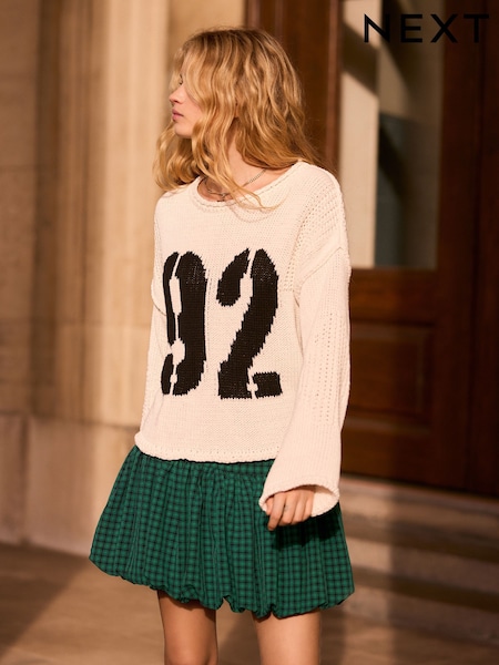 Cream Graphic Roll Edge Stitch Detail Knitted Jumper (E94379) | €21.50