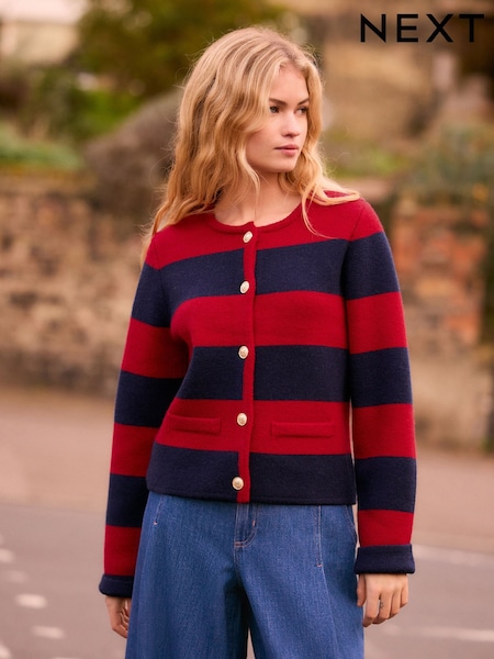 mornarsko modra Rdeča Črtast - Smart Knitted Button Up Cardigan with Wool (E94380) | € 39