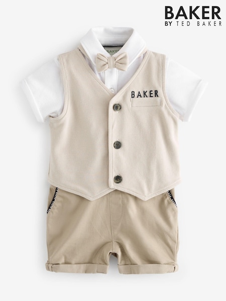 Baker by Ted Baker Stone 100% Cotton Smart Bow Tie Rompersuit (E94381) | 178 QAR - 189 QAR