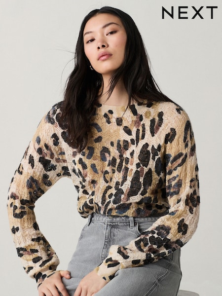 Leopard Printed Crew Neck Fine Knitted Jumper (E94382) | AED168