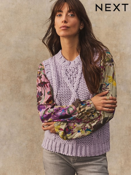 Purple Lilac Floral Pattern Layered Knitted Cable Tank (E94399) | ₪154