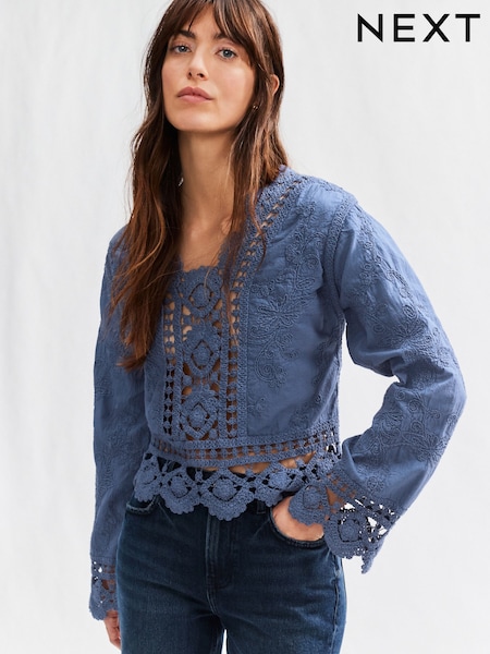 Blue Chambray Pretty Long Sleeve Top With Crochet Details (E94400) | €41