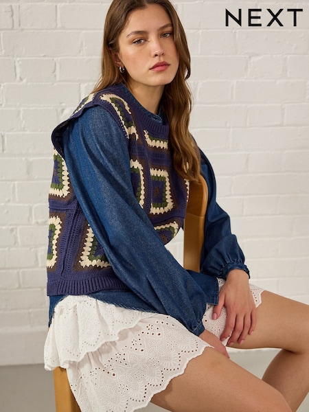 Blue Crochet Tank Denim Crew Neck Layer Jumper (E94403) | AZN 129